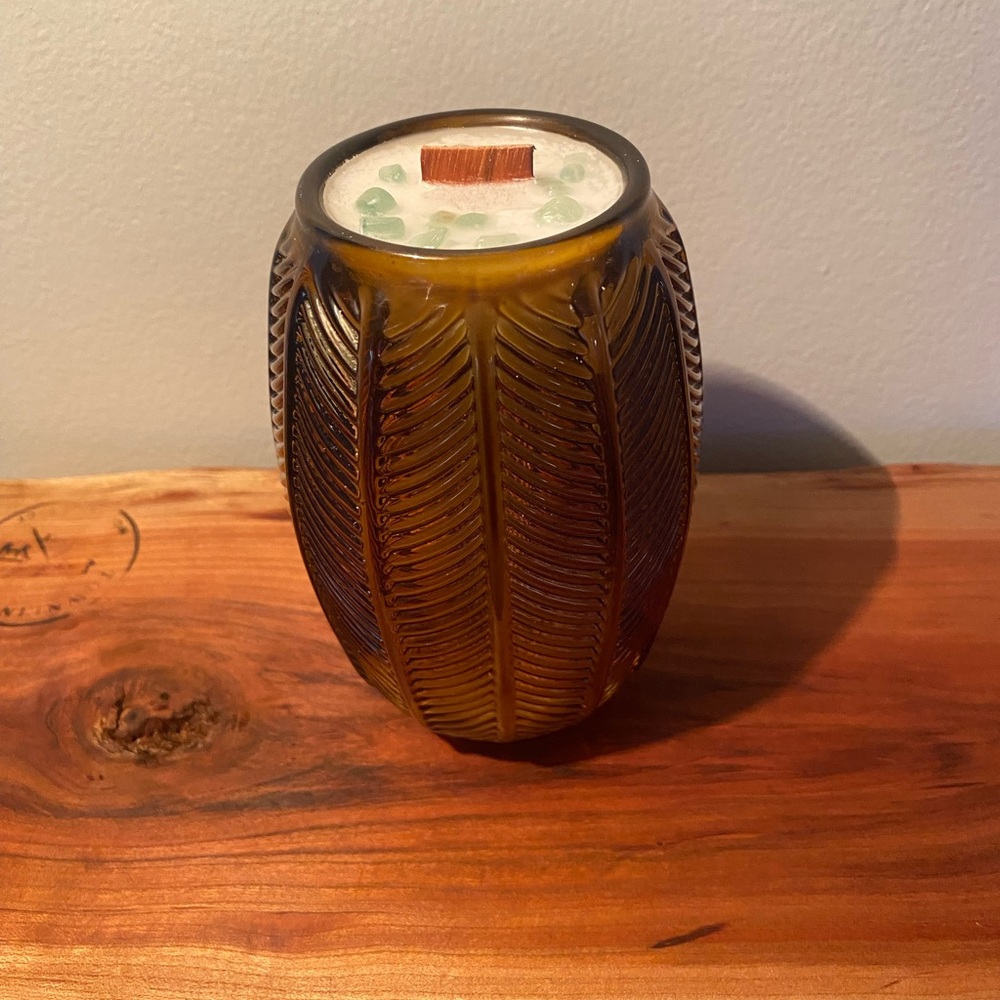 Handmade Brown Textured Glass Wooden Wick Candle with Green Aventurine Crystals